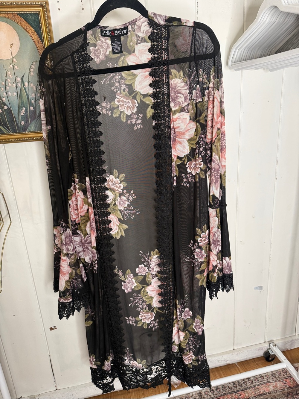 Polly & Esther Black Sheer Floral Lace Trim Kimono